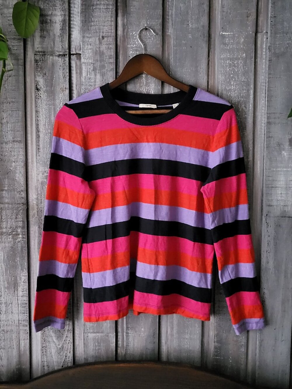 Esprit Striped Long Sleeve Cotton Tee Purple Pink Black Orange M
